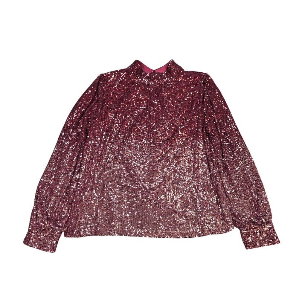 Cable & Gauge Ombre Sequin Blouse Women's Size L Burgundy Metallic Mock Neck